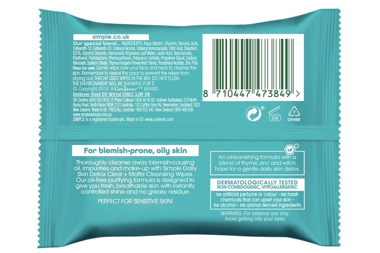 SIMPLE 25 CT - FACIAL WIPES DAILY DETOX