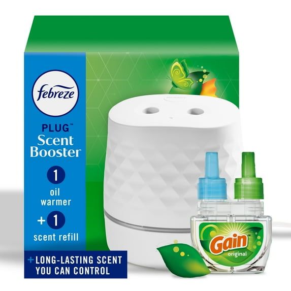 Febreze Plug Scent Booster, Air Freshener, Scented Oil Diffuser, Gain, Starter Kit + 1 Refill