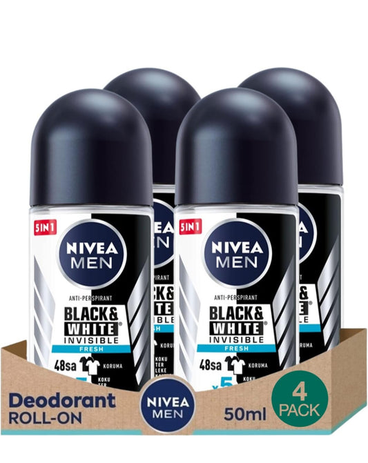 Nivea INVISIBLE FOR BLACK & WHITE FRESH Scent Men's Roll On Anti-perspirant Deodorant (Pack of 4)