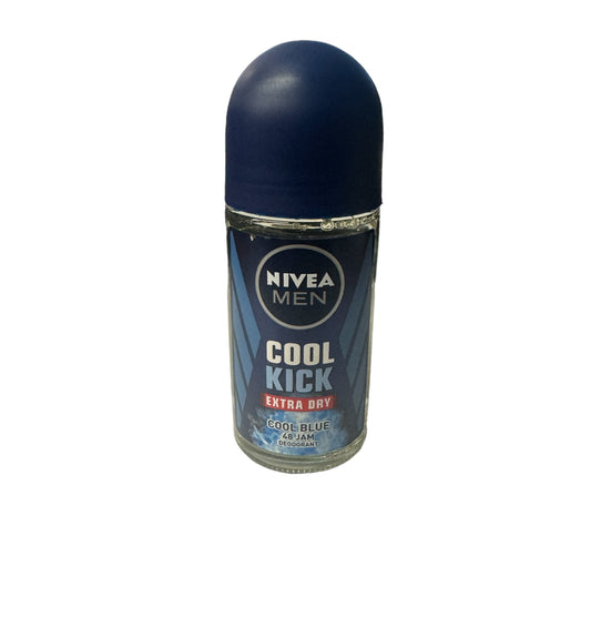 Nivea Men Cool Kick Blue Deodorant with 48-hour protection against extra dryness.