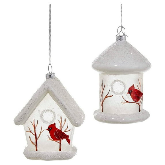 Kurt Adler White Birdhouse w/ Cardinals Holiday Ornament Set (2 Pack)